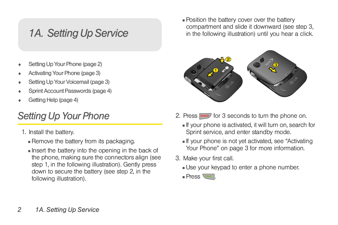 Sprint Nextel UG_9a_070709 manual Setting Up Your Phone, 2 1A. Setting Up Service 