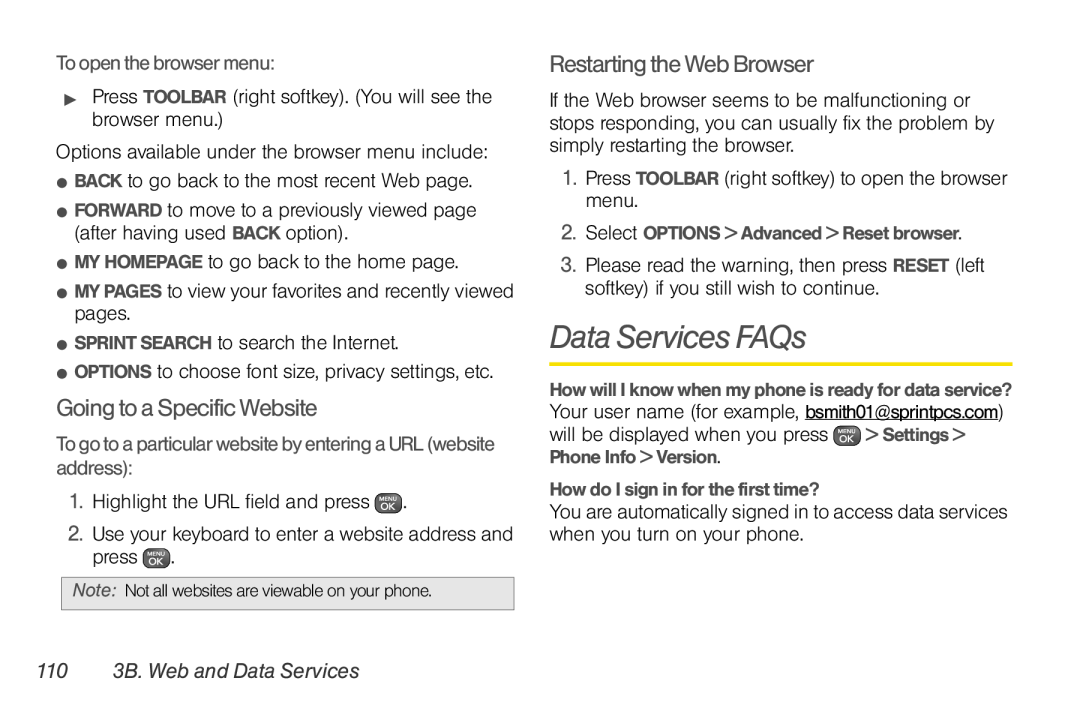Sprint Nextel UG_9a_070709 manual Data Services FAQs, Going to a Specific Website, Restarting the Web Browser 