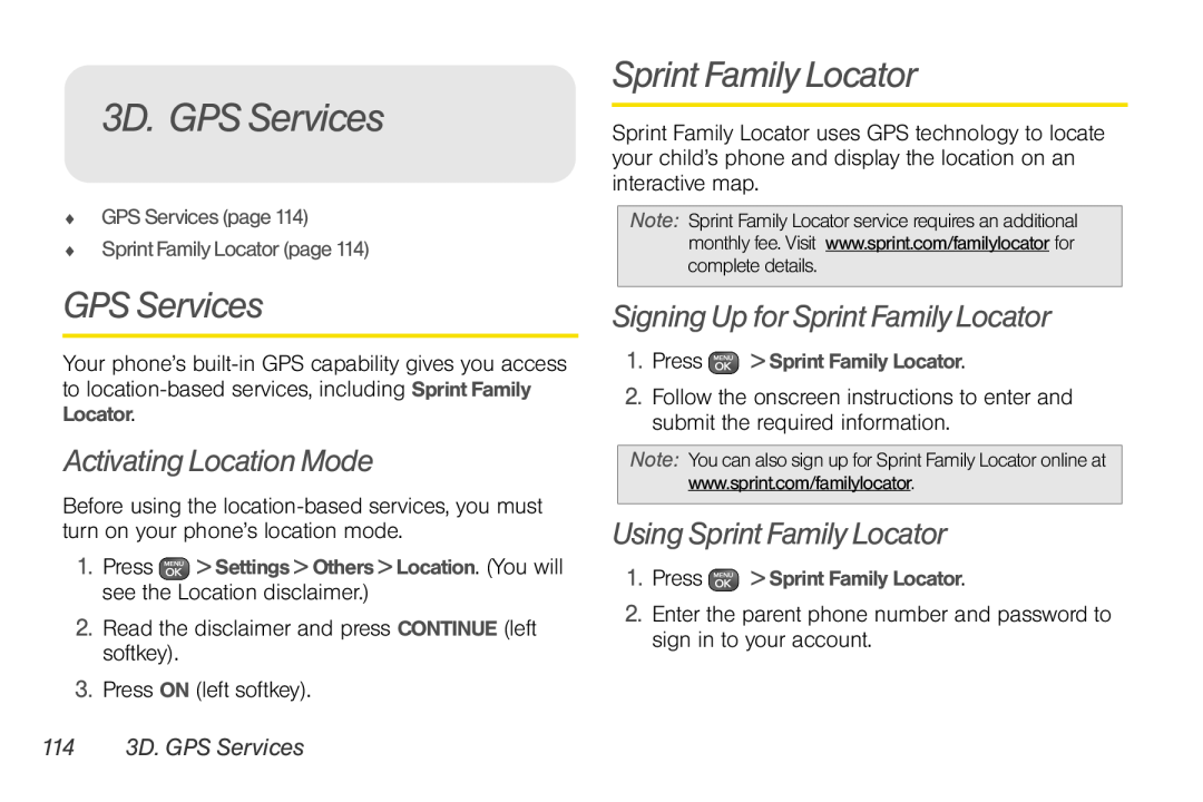 Sprint Nextel UG_9a_070709 manual 3D. GPS Services, Activating Location Mode, Using Sprint Family Locator 