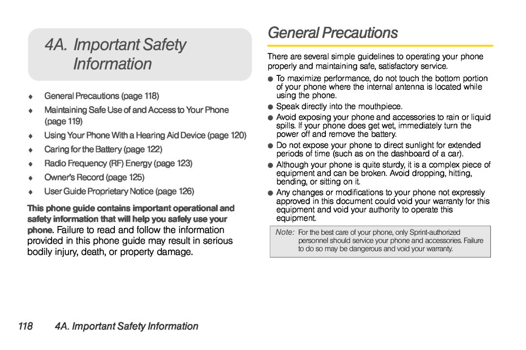 Sprint Nextel UG_9a_070709 manual 118 4A. Important Safety Information,  General Precautions page 