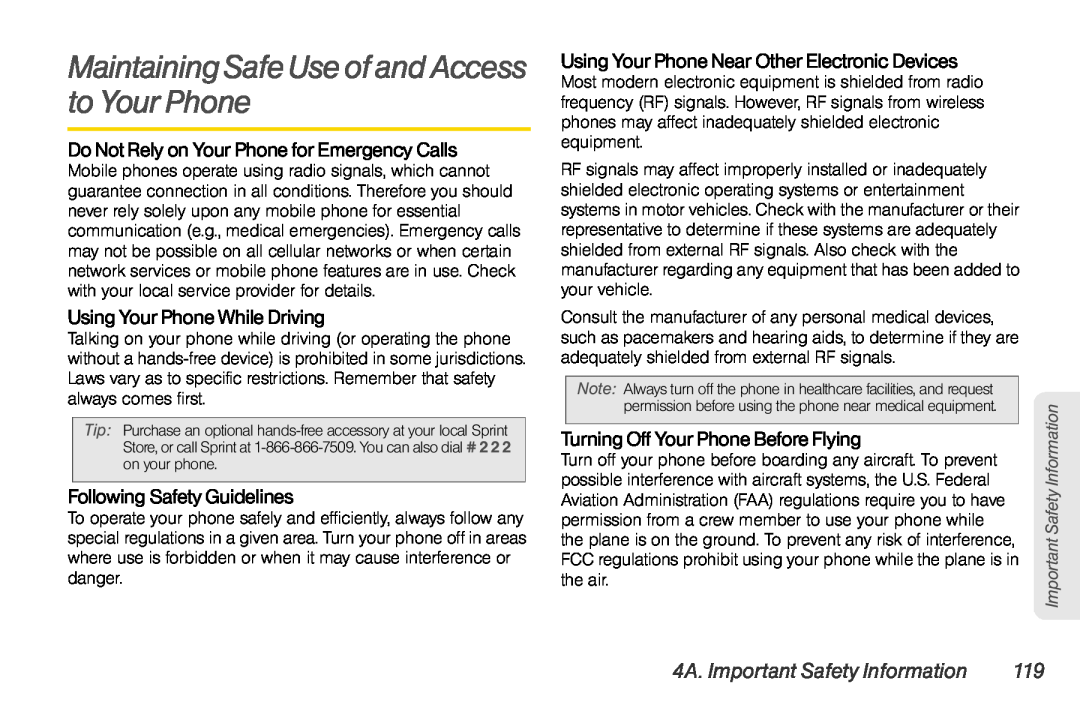 Sprint Nextel UG_9a_070709 manual MaintainingSafeUseofandAccess to Your Phone, 4A. Important Safety Information 