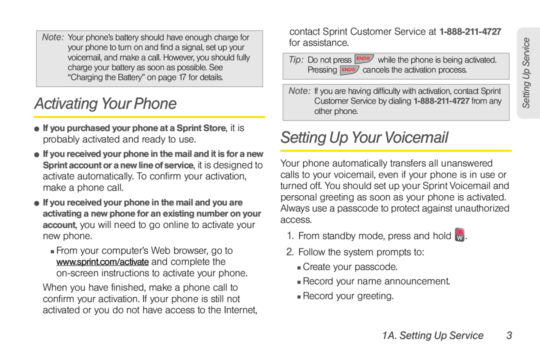 Sprint Nextel UG_9a_070709 manual Activating Your Phone, Setting Up Your Voicemail, 1A. Setting Up Service 