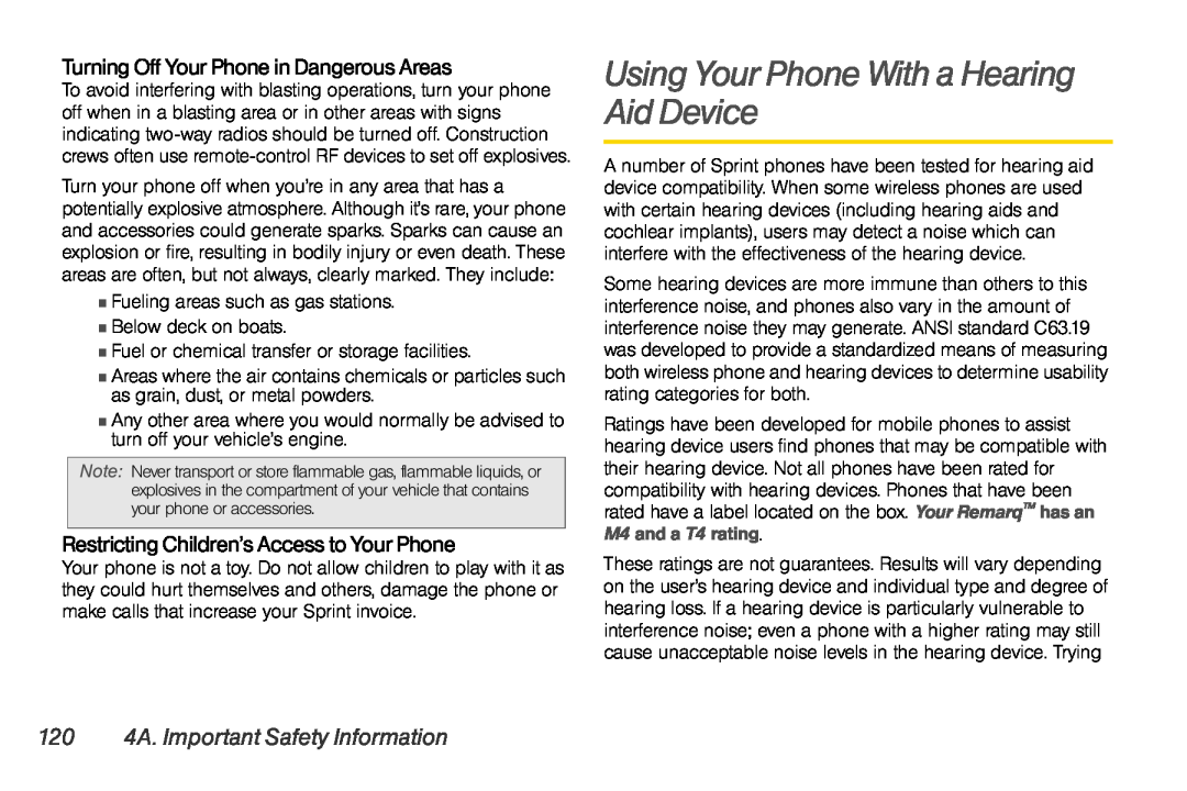 Sprint Nextel UG_9a_070709 manual Using Your Phone With a Hearing Aid Device, 120 4A. Important Safety Information 