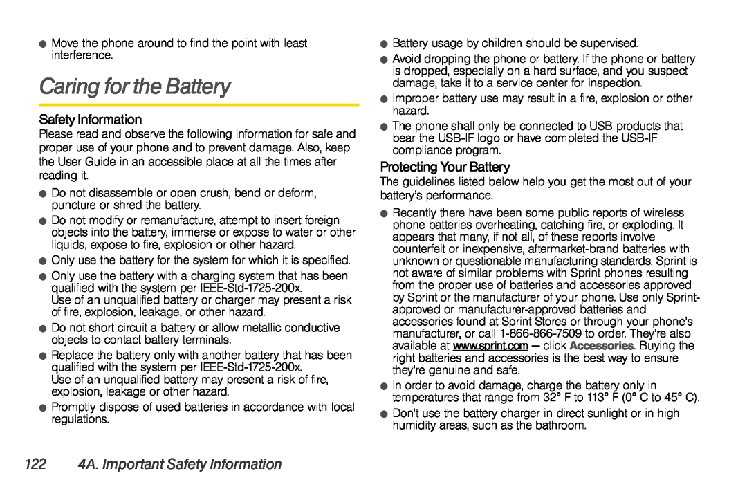 Sprint Nextel UG_9a_070709 manual Caring for the Battery, 122 4A. Important Safety Information, Protecting Your Battery 