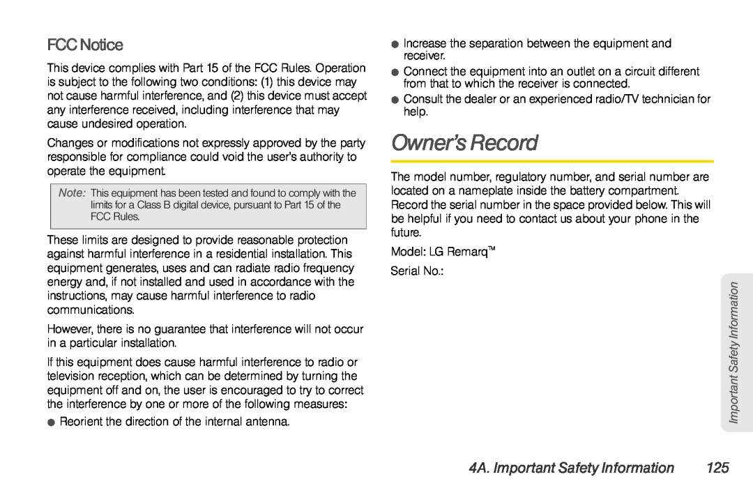 Sprint Nextel UG_9a_070709 manual Owner’s Record, FCC Notice, 4A. Important Safety Information 