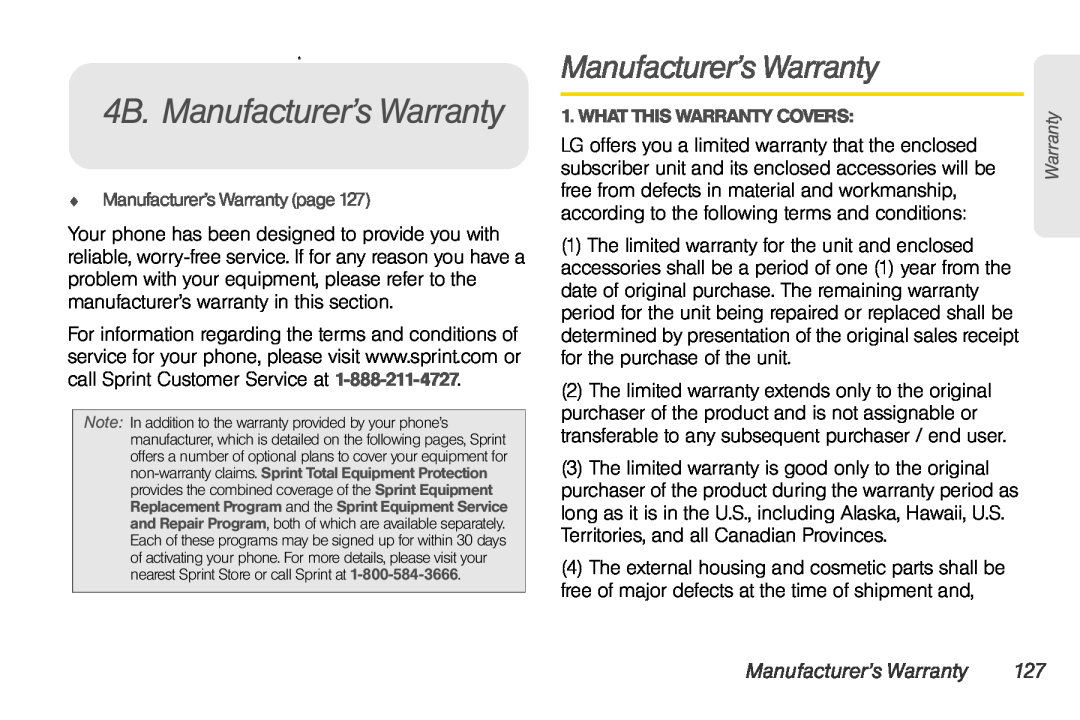 Sprint Nextel UG_9a_070709 manual 4B. Manufacturer’s Warranty,  Manufacturer’s Warranty page, What This Warranty Covers 