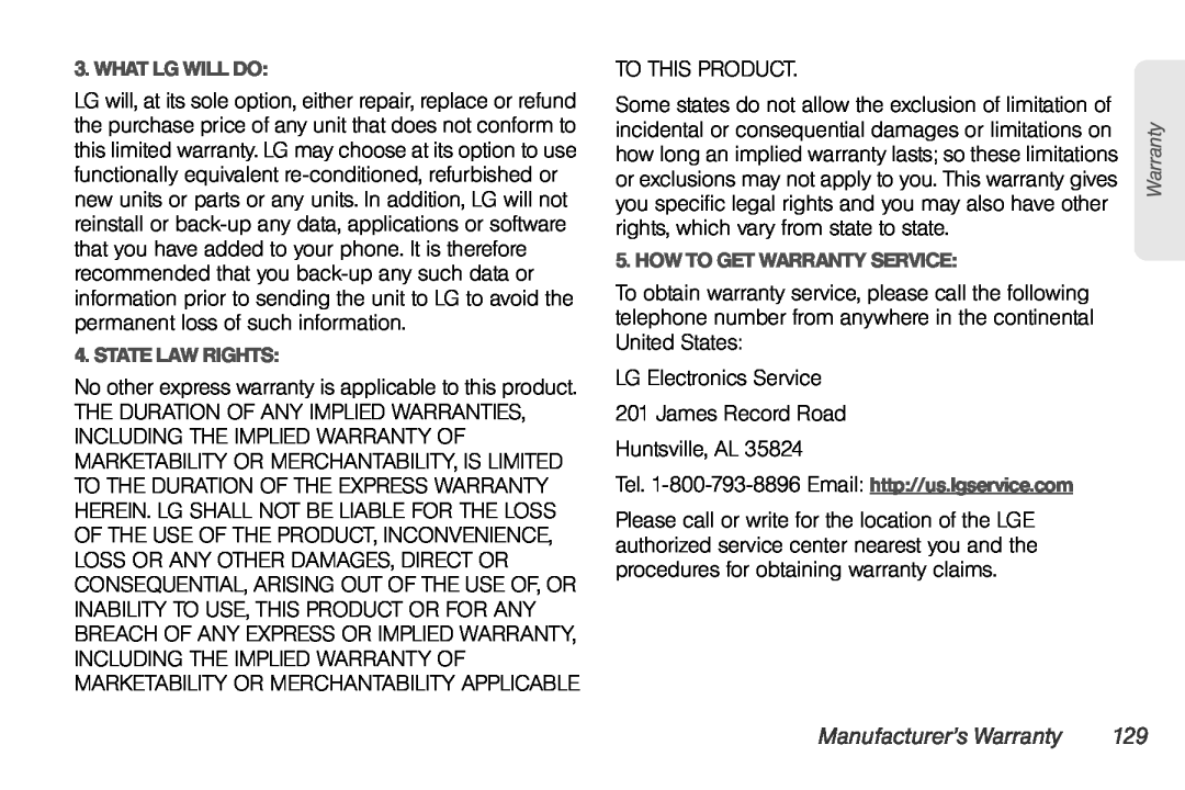 Sprint Nextel UG_9a_070709 manual Manufacturer’s Warranty, What Lg Will Do, State Law Rights, How To Get Warranty Service 