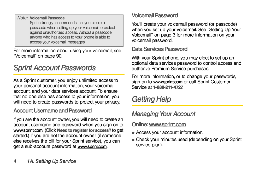 Sprint Nextel UG_9a_070709 Sprint Account Passwords, Getting Help, Managing Your Account, Account Username and Password 