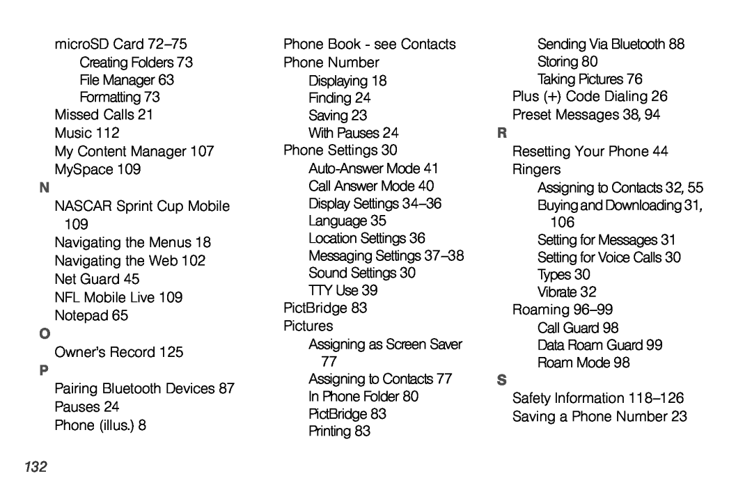 Sprint Nextel UG_9a_070709 manual microSD Card 72-75 Creating Folders 73 File Manager 63 Formatting 