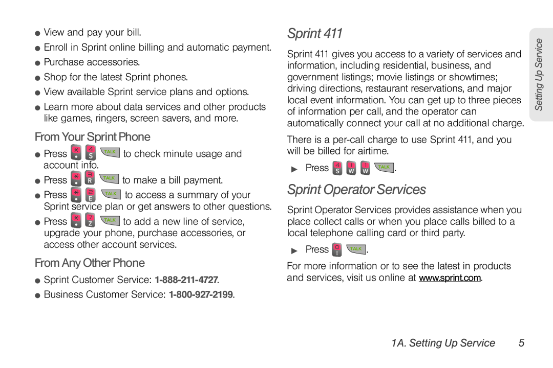 Sprint Nextel UG_9a_070709 manual Sprint Operator Services, From Your Sprint Phone, From Any Other Phone 