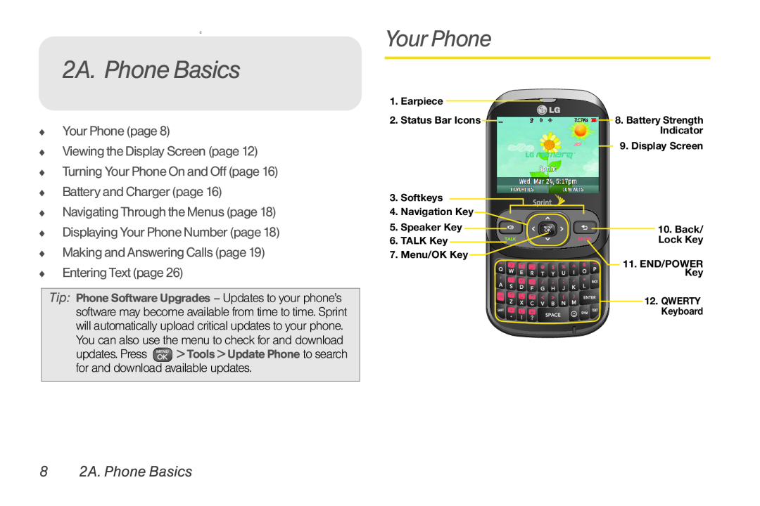Sprint Nextel UG_9a_070709 manual 8 2A. Phone Basics,  Your Phone page  Viewing the Display Screen page 