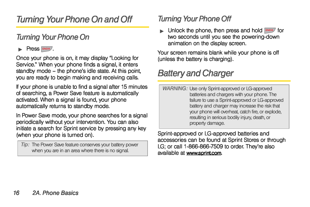 Sprint Nextel UG_9a_070709 Turning Your Phone On and Off, Battery and Charger, Turning Your Phone Off, 16 2A. Phone Basics 