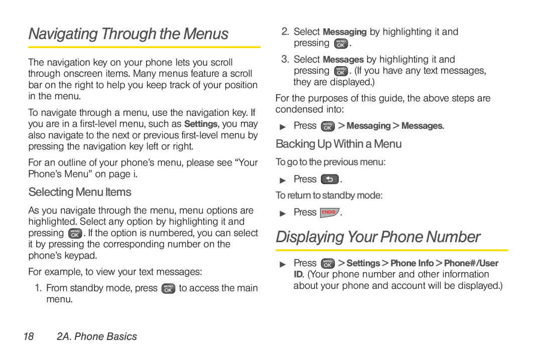 Sprint Nextel UG_9a_070709 manual Navigating Through the Menus, Displaying Your Phone Number, Selecting Menu Items 