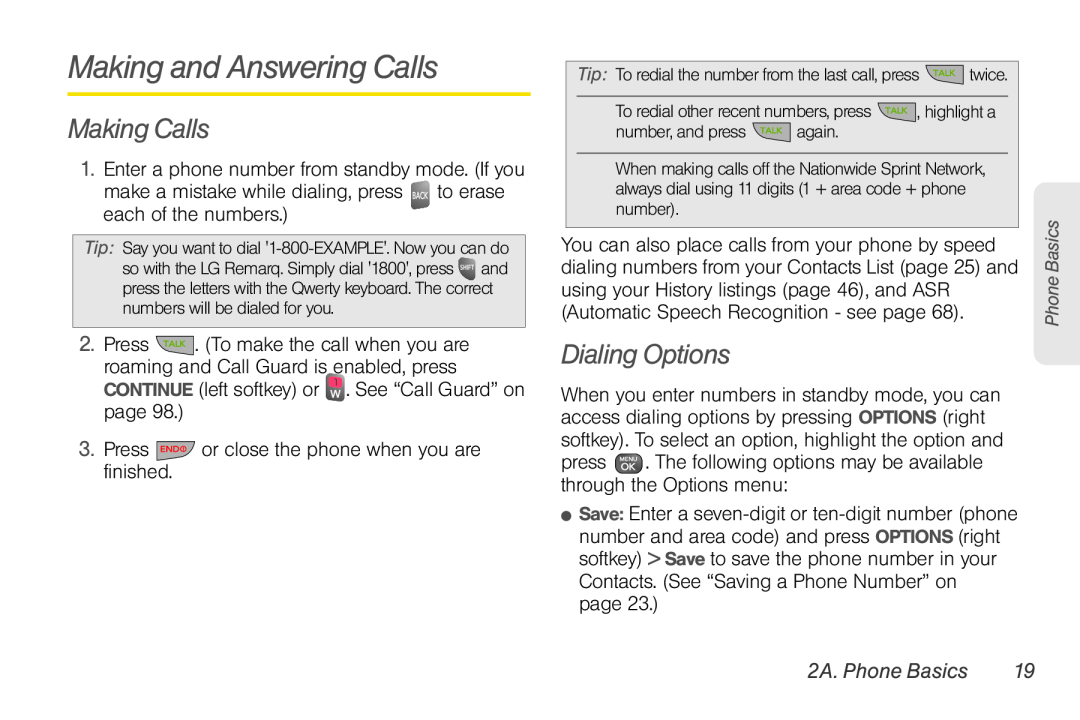 Sprint Nextel UG_9a_070709 manual Making and Answering Calls, Making Calls, Dialing Options, 2A. Phone Basics 