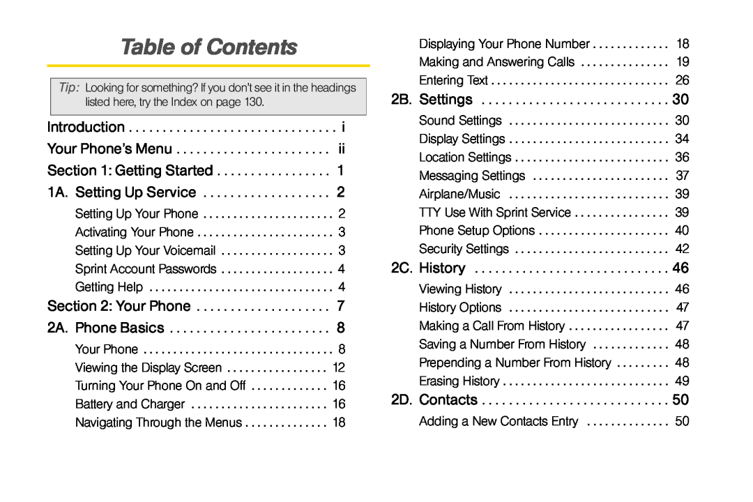 Sprint Nextel UG_9a_070709 manual Table of Contents, 2B. Settings, 2C. History, 2D. Contacts 