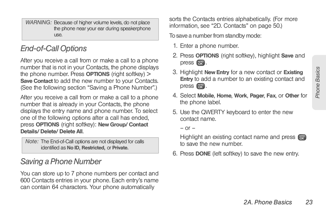 Sprint Nextel UG_9a_070709 manual End-of-Call Options, Saving a Phone Number, To save a number from standby mode 