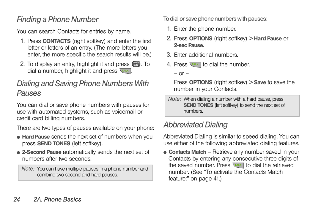 Sprint Nextel UG_9a_070709 manual Finding a Phone Number, Dialing and Saving Phone Numbers With Pauses, Abbreviated Dialing 