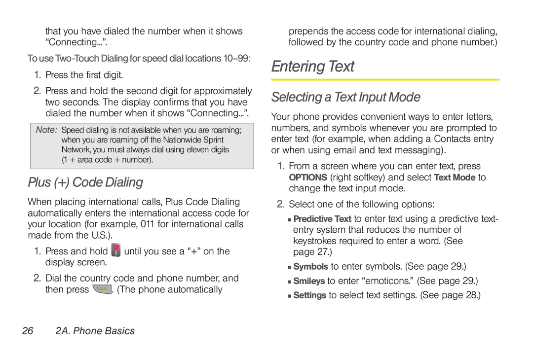 Sprint Nextel UG_9a_070709 manual Entering Text, Plus + Code Dialing, Selecting a Text Input Mode, 26 2A. Phone Basics 
