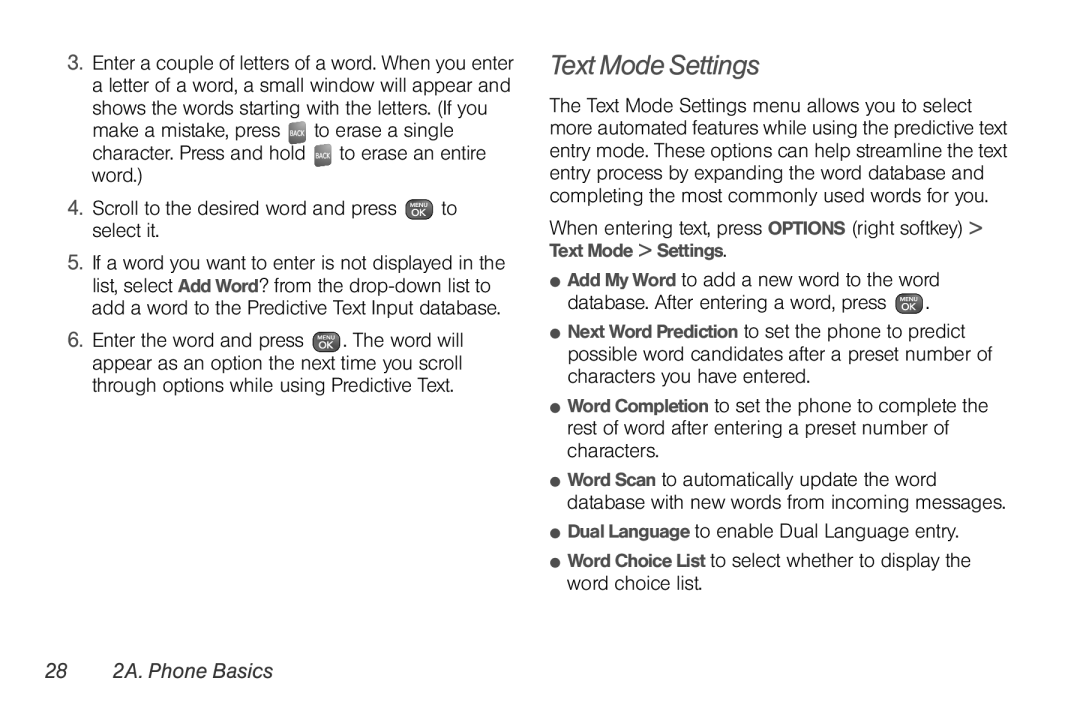 Sprint Nextel UG_9a_070709 manual Text Mode Settings, 28 2A. Phone Basics 