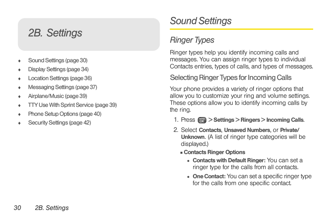 Sprint Nextel UG_9a_070709 manual Sound Settings, Selecting Ringer Types for Incoming Calls, 30 2B. Settings 
