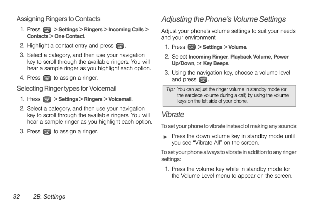 Sprint Nextel UG_9a_070709 Adjusting the Phone’s Volume Settings, Vibrate, Assigning Ringers to Contacts, 32 2B. Settings 