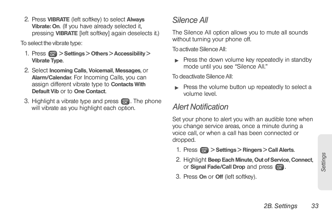 Sprint Nextel UG_9a_070709 manual Alert Notification, To select the vibrate type, To activate Silence All, 2B. Settings 