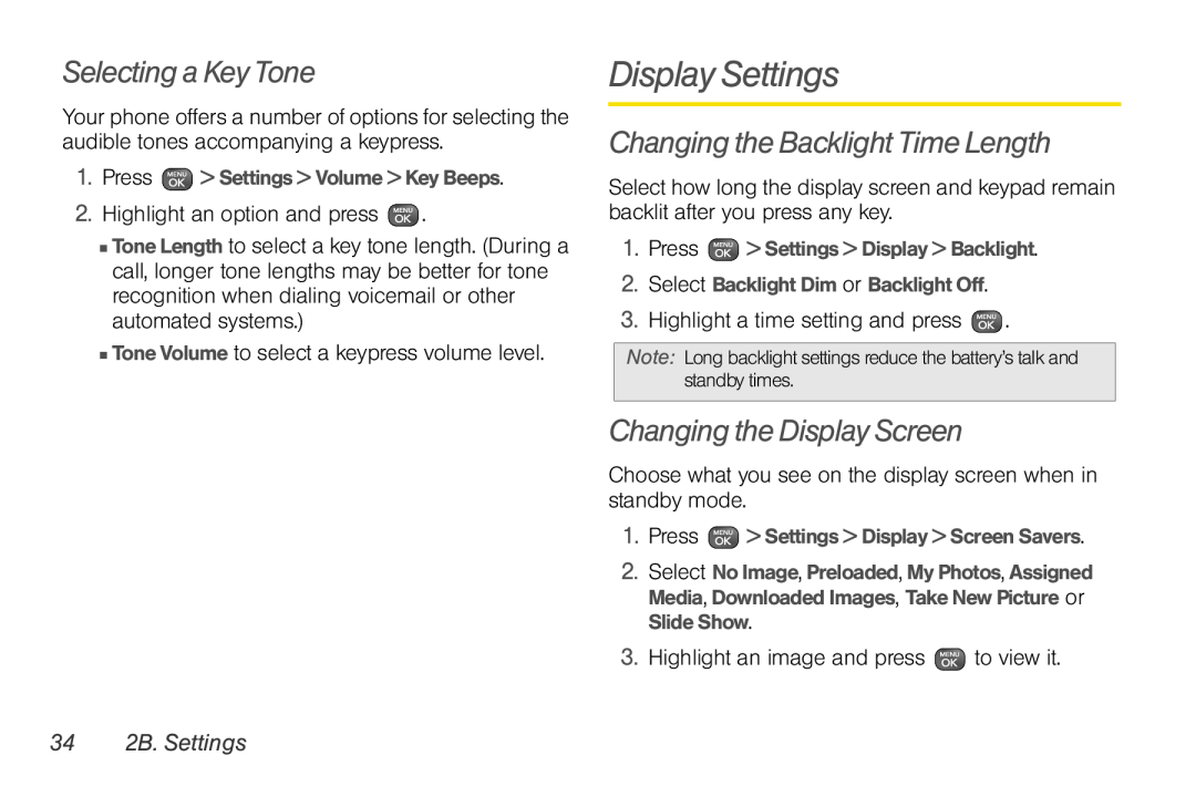 Sprint Nextel UG_9a_070709 Display Settings, Selecting a Key Tone, Changing the Backlight Time Length, 34 2B. Settings 