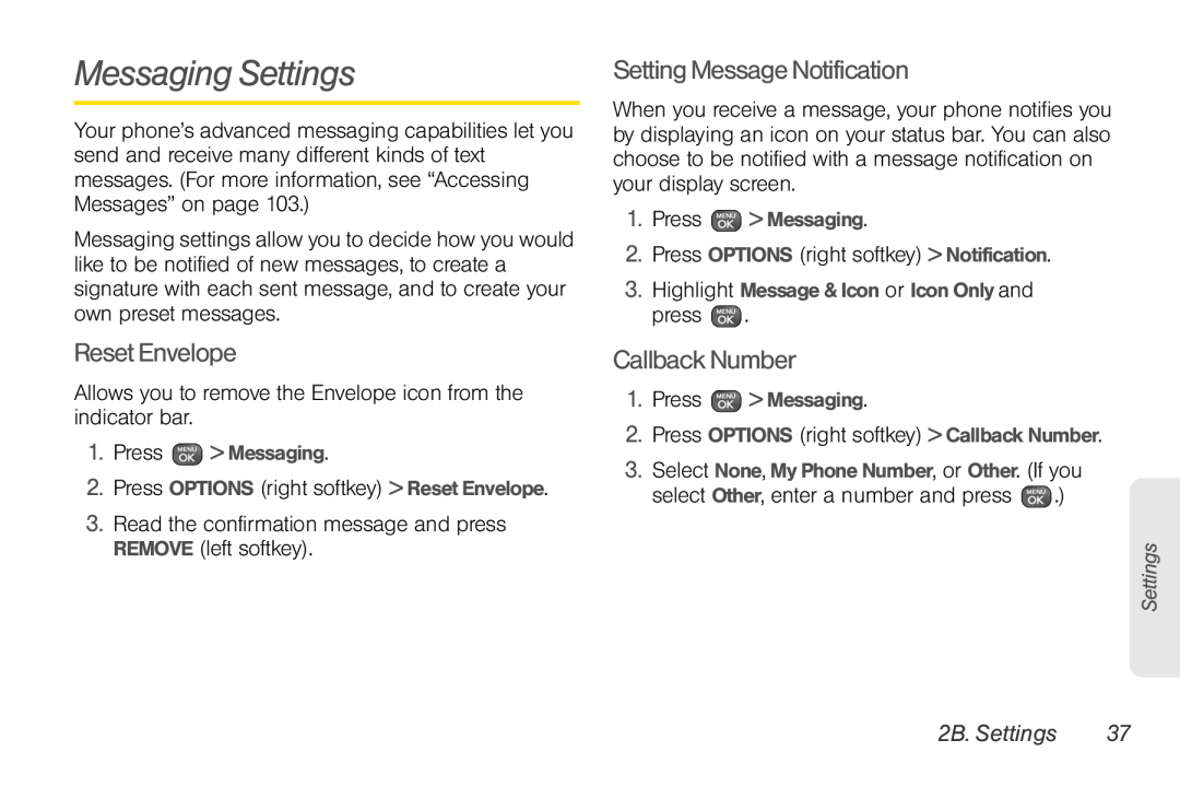 Sprint Nextel UG_9a_070709 Messaging Settings, Reset Envelope, Setting Message Notification, Callback Number, 2B. Settings 