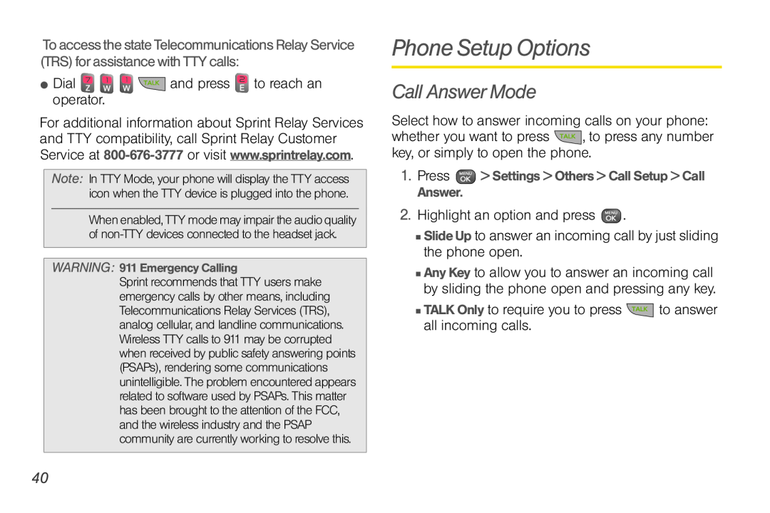 Sprint Nextel UG_9a_070709 manual Phone Setup Options, Call Answer Mode, Press Settings Others Call Setup Call Answer 