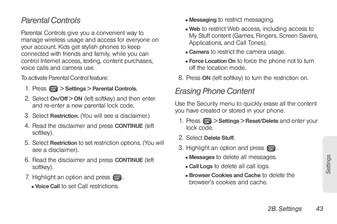 Sprint Nextel UG_9a_070709 Parental Controls, Erasing Phone Content, To activate Parental Control feature, 2B. Settings 