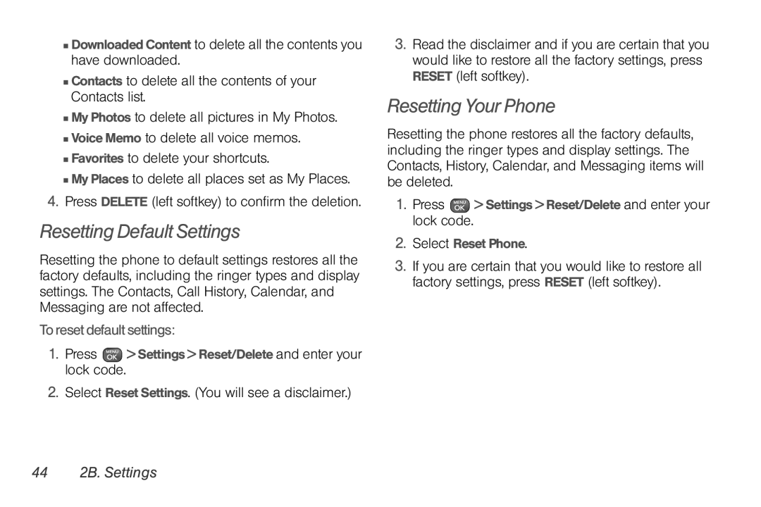 Sprint Nextel UG_9a_070709 Resetting Default Settings, Resetting Your Phone, To reset default settings, 44 2B. Settings 