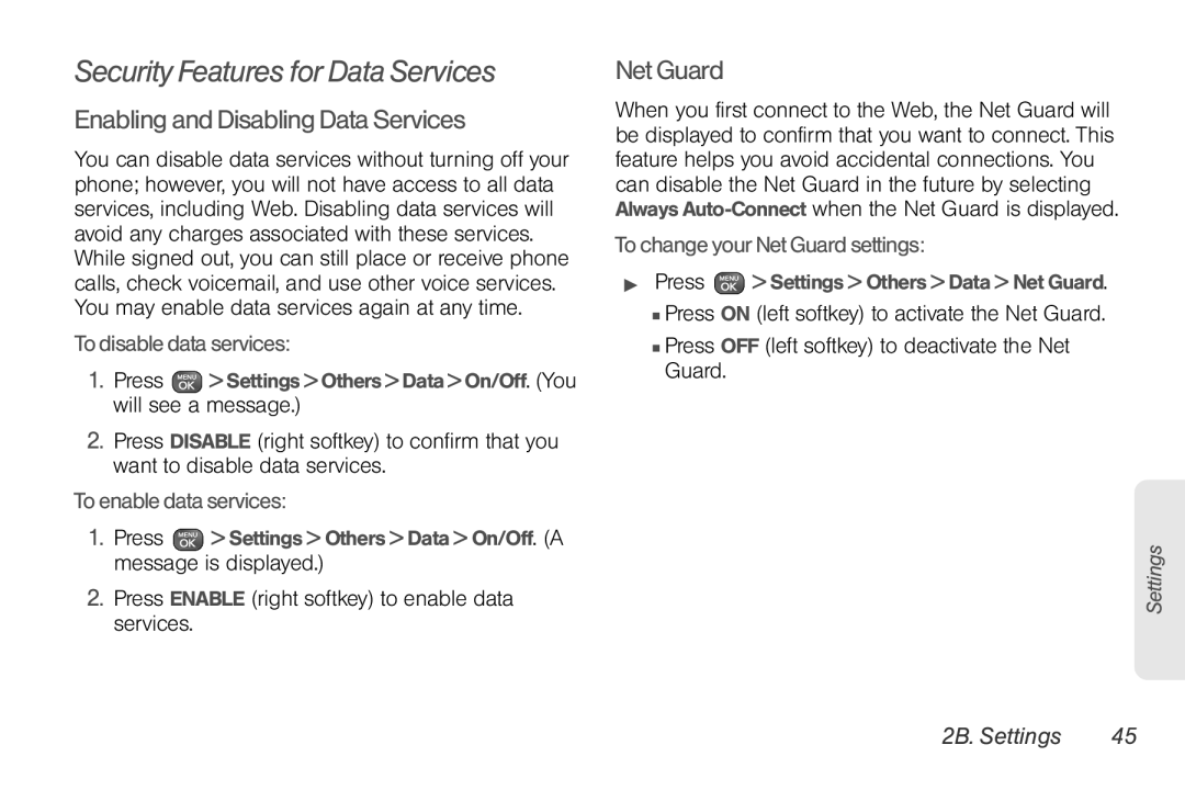 Sprint Nextel UG_9a_070709 Security Features for Data Services, Enabling and Disabling Data Services, Net Guard, Settings 