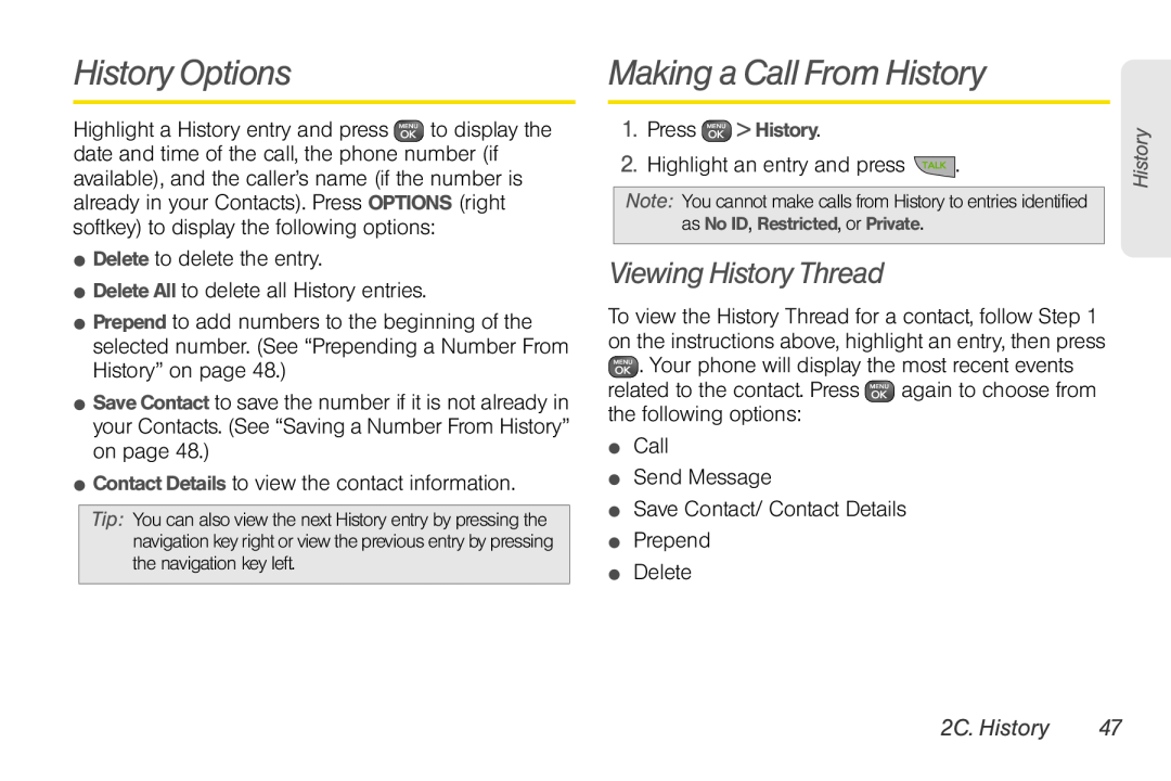 Sprint Nextel UG_9a_070709 manual History Options, Making a Call From History, Viewing History Thread, 2C. History 