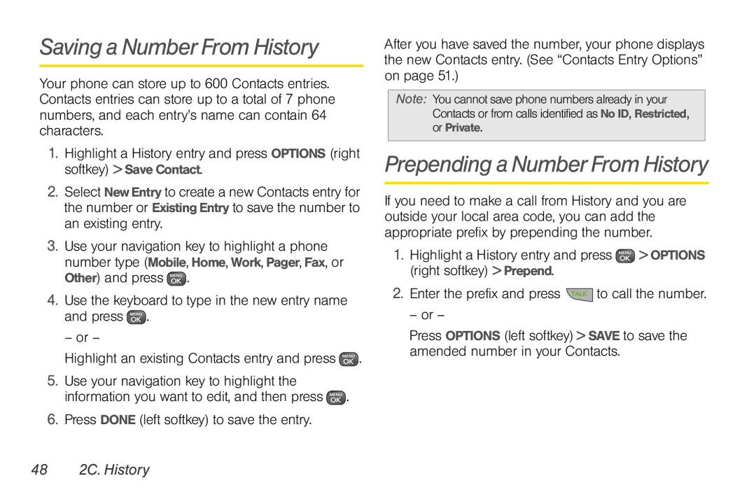 Sprint Nextel UG_9a_070709 manual Saving a Number From History, Prepending a Number From History, 48 2C. History 