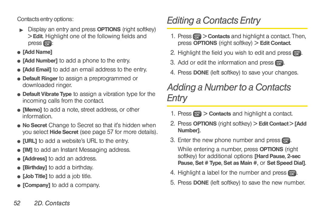 Sprint Nextel UG_9a_070709 manual Editing a Contacts Entry, Adding a Number to a Contacts Entry, Contacts entry options 