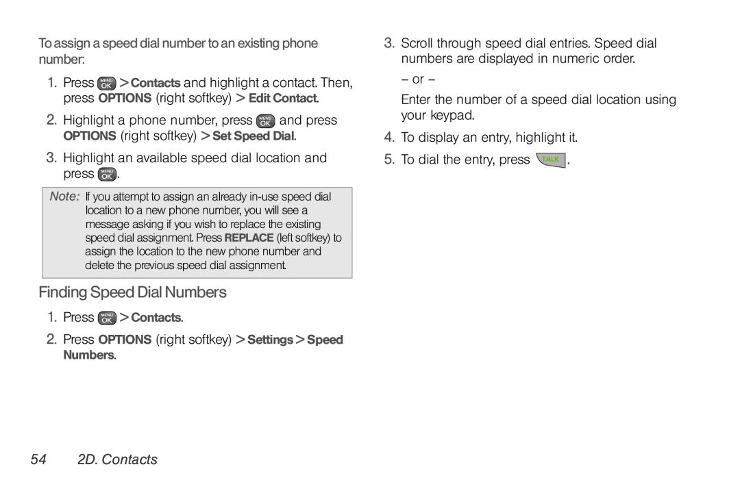 Sprint Nextel UG_9a_070709 manual Finding Speed Dial Numbers, To assign a speed dial number to an existing phone number 