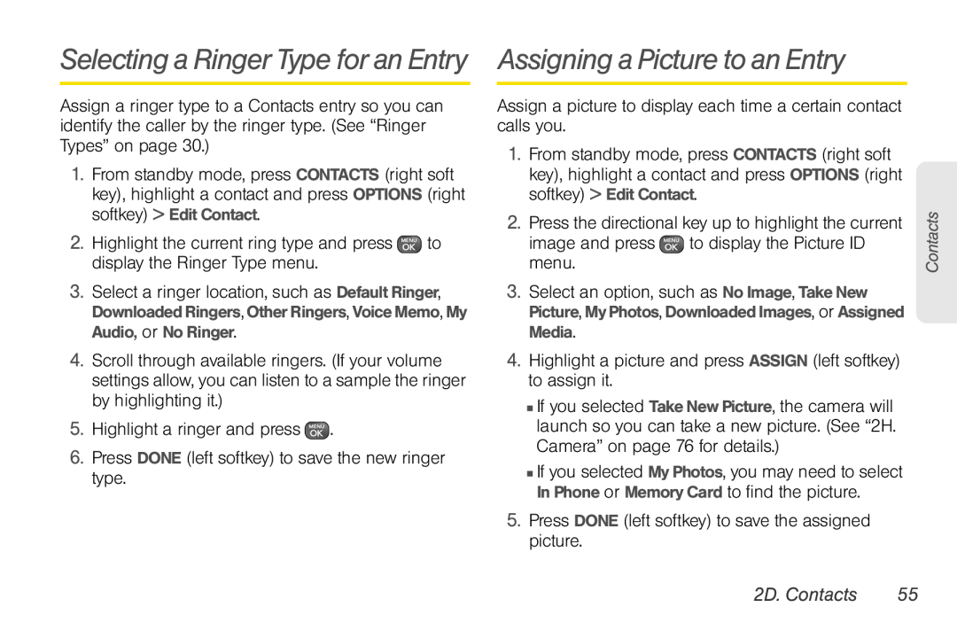 Sprint Nextel UG_9a_070709 manual Selecting a Ringer Type for an Entry Assigning a Picture to an Entry, 2D. Contacts 