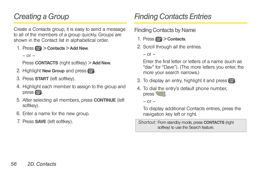 Sprint Nextel UG_9a_070709 manual Creating a Group, Finding Contacts Entries, Finding Contacts by Name, 56 2D. Contacts 