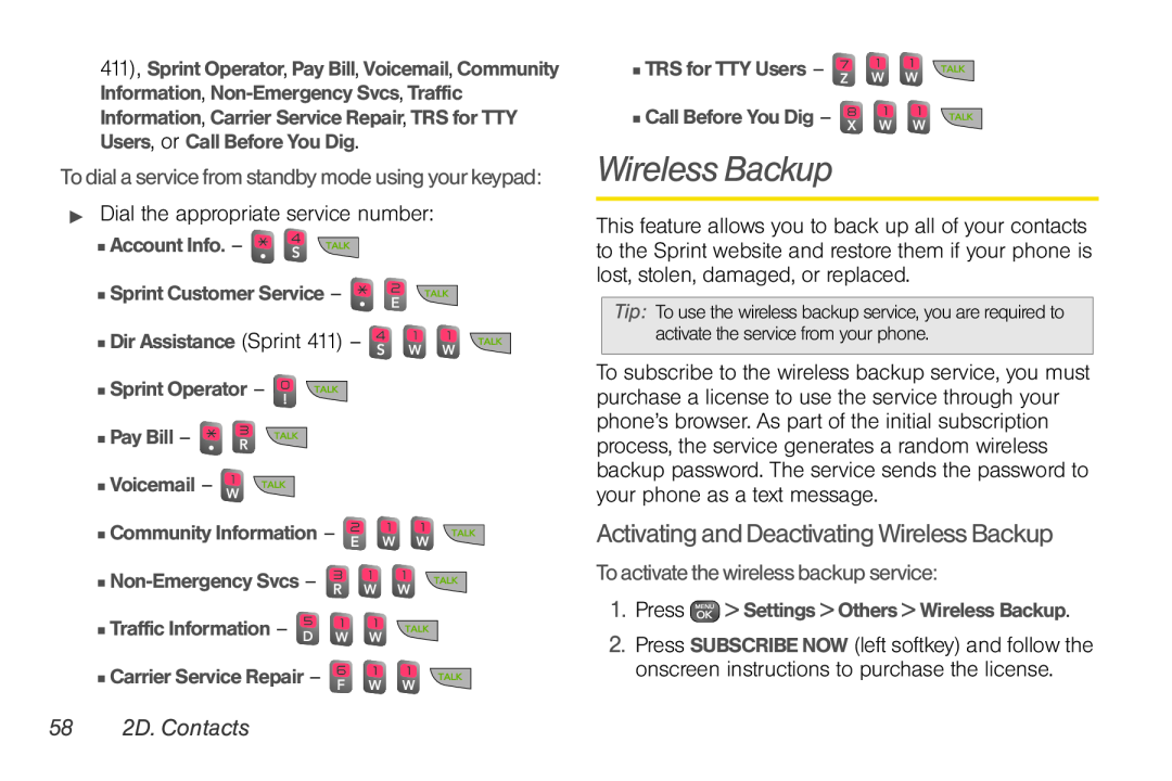 Sprint Nextel UG_9a_070709 manual Activating and Deactivating Wireless Backup, To activate the wireless backup service 