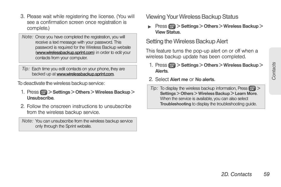 Sprint Nextel UG_9a_070709 manual Viewing Your Wireless Backup Status, Setting the Wireless Backup Alert, 2D. Contacts 