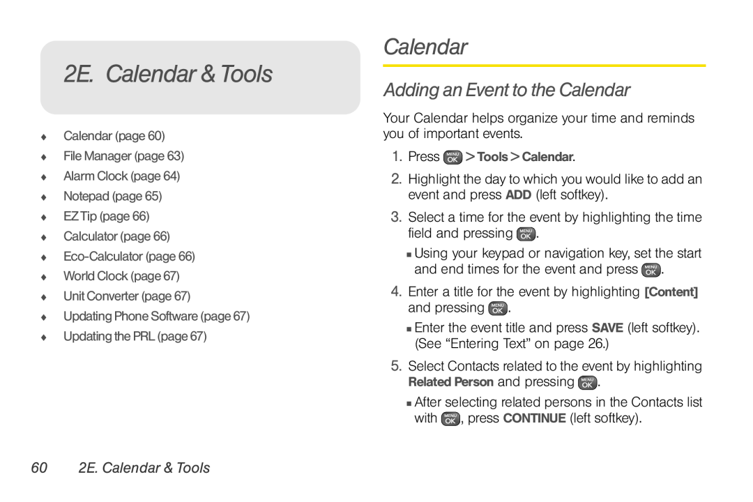 Sprint Nextel UG_9a_070709 manual Adding an Event to the Calendar, 60 2E. Calendar & Tools 