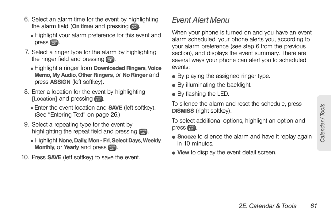 Sprint Nextel UG_9a_070709 manual Event Alert Menu, 2E. Calendar & Tools 