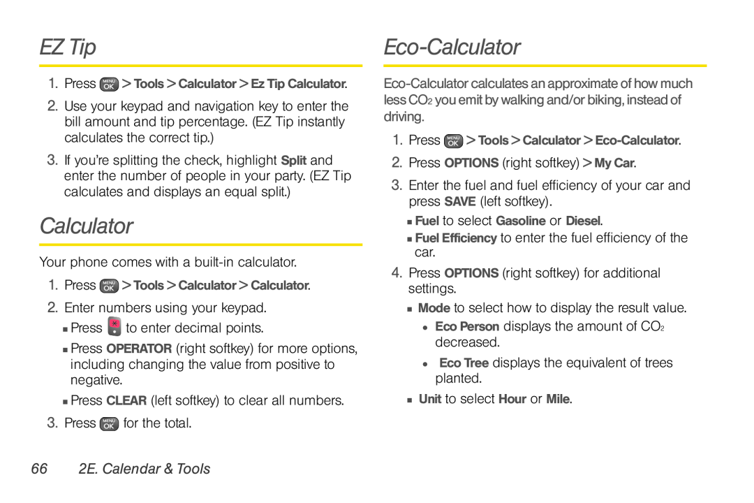 Sprint Nextel UG_9a_070709 manual EZ Tip, Eco-Calculator, 66 2E. Calendar & Tools 