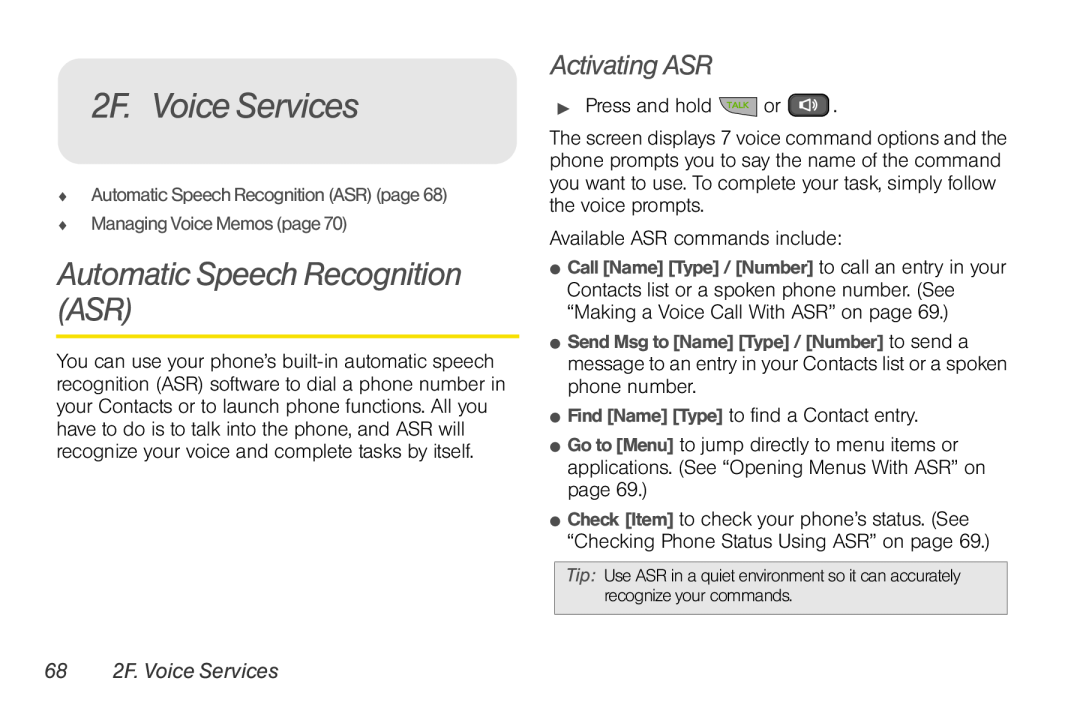 Sprint Nextel UG_9a_070709 manual Automatic Speech Recognition ASR, Activating ASR, 68 2F. Voice Services 