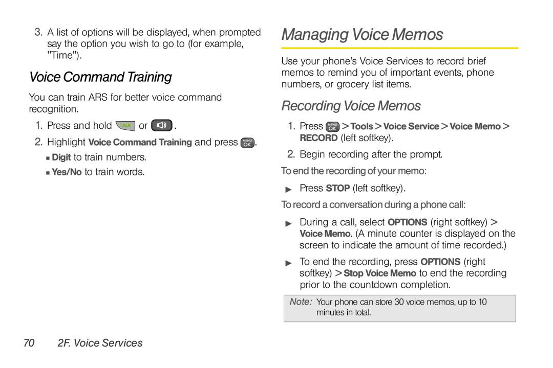 Sprint Nextel UG_9a_070709 Managing Voice Memos, Voice Command Training, Recording Voice Memos, 70 2F. Voice Services 