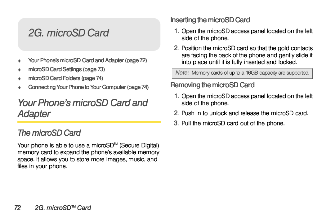 Sprint Nextel UG_9a_070709 manual Your Phone’s microSD Card and Adapter, The microSD Card, 72 2G. microSD Card 