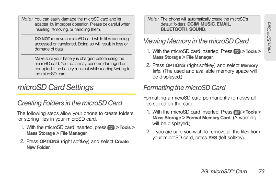 Sprint Nextel UG_9a_070709 microSD Card Settings, Creating Folders in the microSD Card, Viewing Memory in the microSD Card 