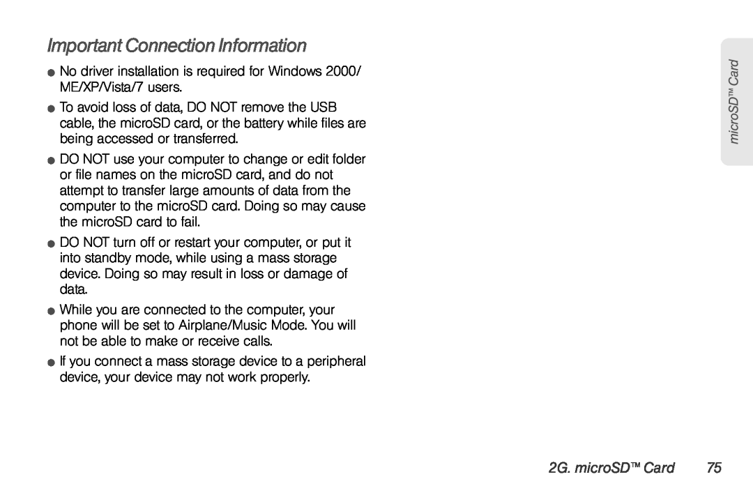 Sprint Nextel UG_9a_070709 manual Important Connection Information, 2G. microSD Card 