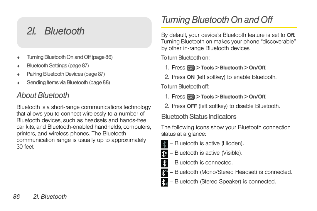 Sprint Nextel UG_9a_070709 manual 2I. Bluetooth, Turning Bluetooth On and Off, About Bluetooth, Bluetooth Status Indicators 