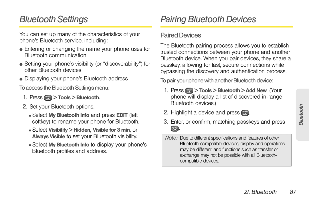 Sprint Nextel UG_9a_070709 manual Bluetooth Settings, Pairing Bluetooth Devices, Paired Devices, 2I. Bluetooth 